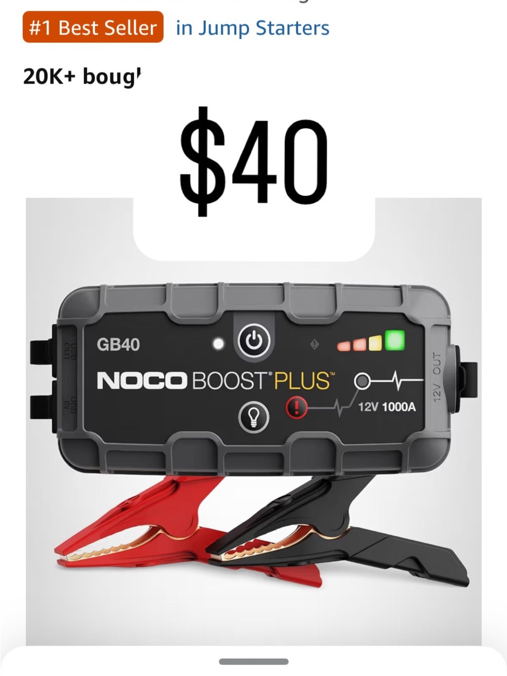 NOCO Boost Plus GB40 12V 1000A Portable Jump Starter - Black & Red